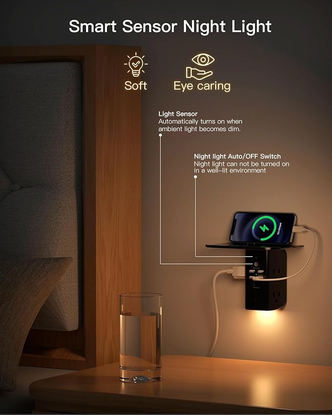 Wall Outlet Extender with Shelf and Night Light, Surge Protector, USB Wall - Image 3