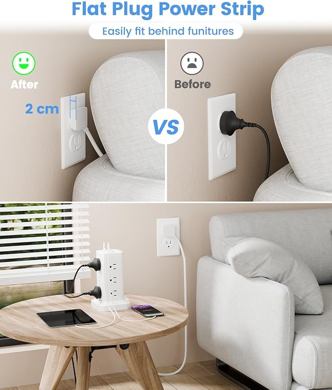 Power Strip Tower with Surge Protector 1800J, Fast Charging Tower PD20W USB-C - Image 6