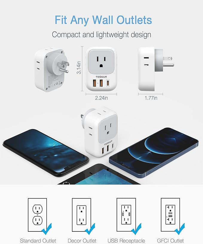 20W PD Multi Plug Adapter, TESSAN 3 USB Wall Charger Multiports, Cube Charging - Image 7