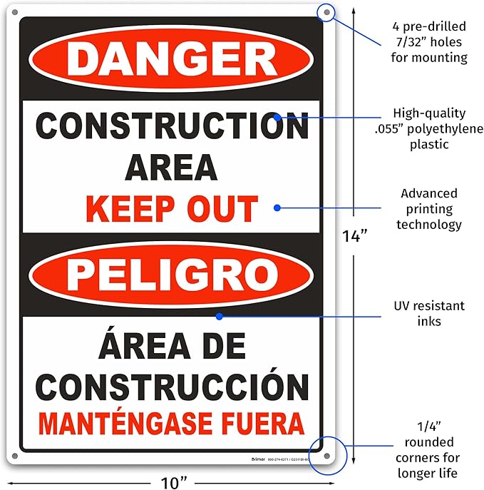 Brimar - 10" x 14" - Bilingual Danger Construction Area Keep Out Sign - .055″ - Image 2