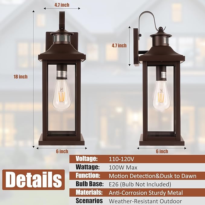 Roravilila Dusk to Dawn Motion Sensor Outdoor Lights Oil Rubbed Bronze 2-Pack - Image 8