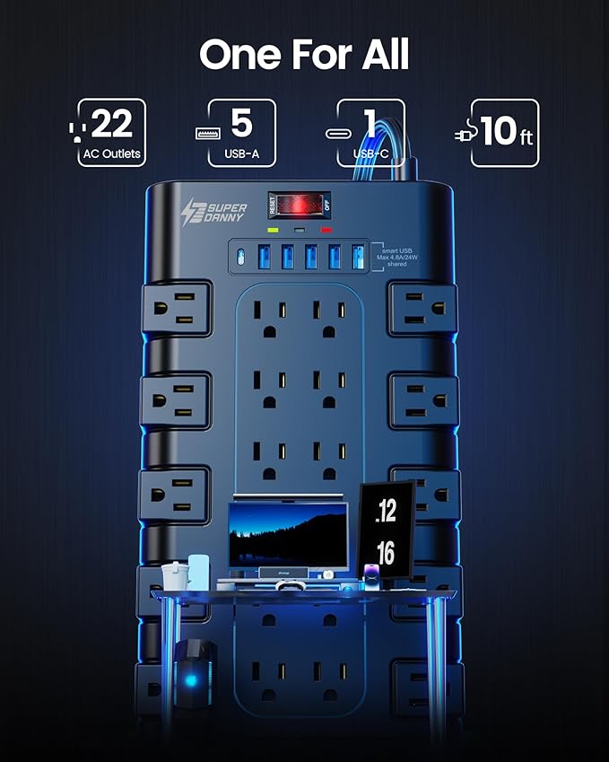 Flat Plug Power Strip 10Ft, SUPERDANNY Surge Protector - Image 3