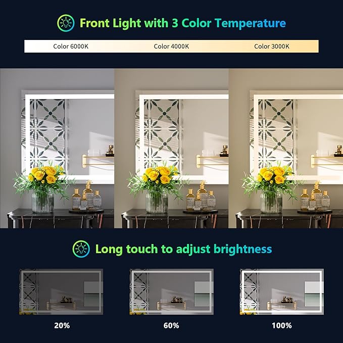 YEELAIT 55x36 Inch RGB LED Bathroom Mirror Front Light and RGB Backlit Lighted - Image 4