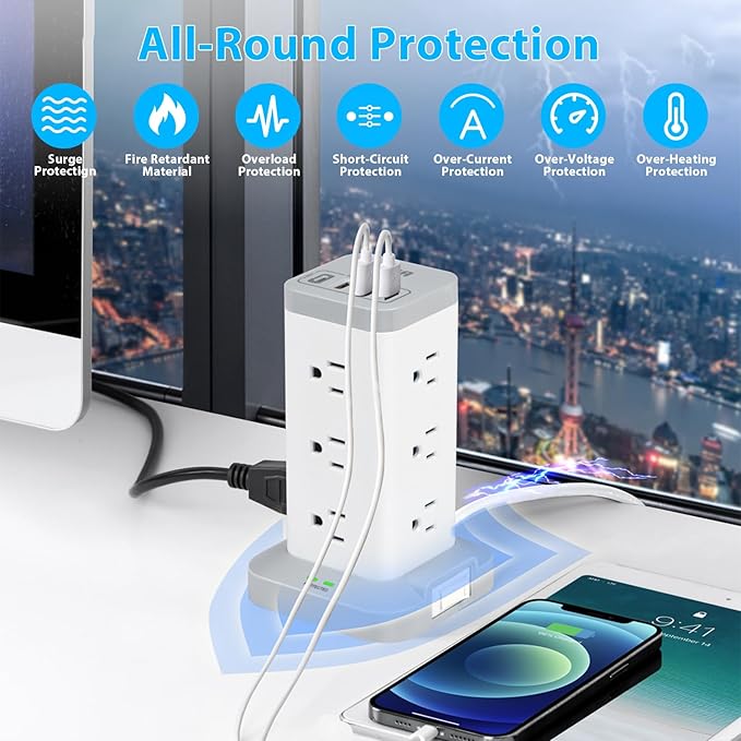 BEVA Power Strip Tower with USB Ports, 6.5 FT Surge Protector Power Tower - Image 6