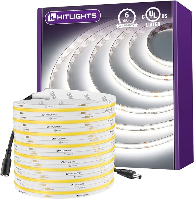 HitLights COB LED Strip Lights Cool White 5000K, 16.4ft Premium High Density by HitLights