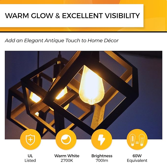 Hizashi Vintage LED Edison Bulb Dimmable, 6W Equivalent 60W, 2700k Warm White - Image 3