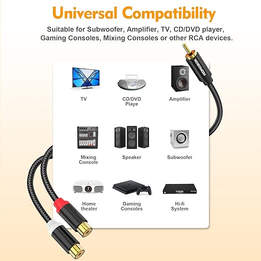 HOSONGIN RCA Splitter 1 Male 2 Female Audio Cable, 24K Gold-Plated Plug - Image 3