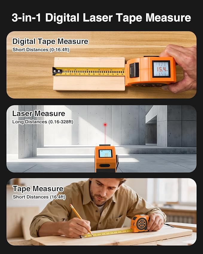3-in-1 Digital Laser Tape Measure 328Ft Rechargeable Measuring Tool & 16Ft - Image 2