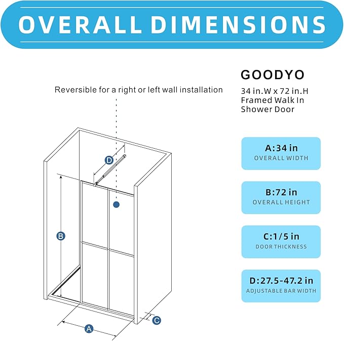 Goodyo 34“ x 72" Shower Door Tempered Glass Shower Screen - Image 7