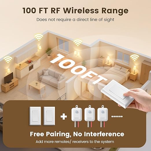 SURAIELEC 3 Way Wireless Light Switch and Receiver Kit, RF 100Ft, No WiFi - Image 4