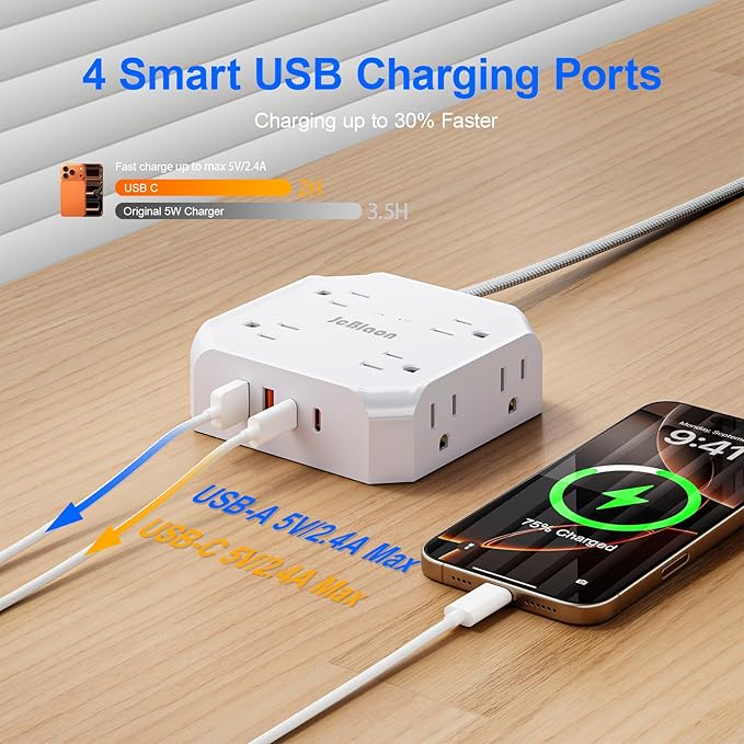 Multiple Outlets Surge Protector Power Strip, 15ft Braided Long Extension Cord - Image 5