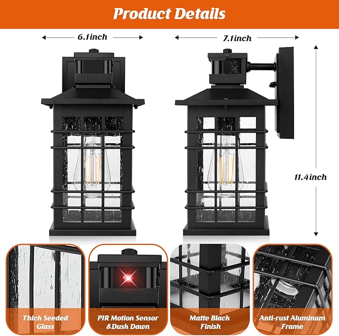 Motion Sensor Outdoor Wall Light Black, Dusk to Dawn Outside Porch Light - Image 6