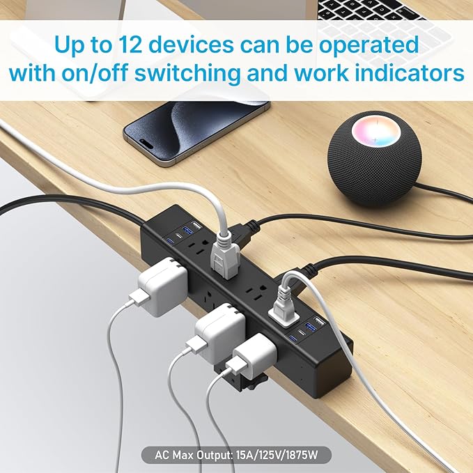 CCCEI Desk Outlet Station 45W USB C Port. 12 Outlet Desktop Clamp Power Strip - Image 5