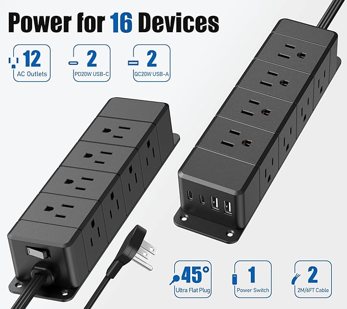 40W Fast Charging Under Desk Power Strip, 12 Outlet Mountable Power Strip - Image 5