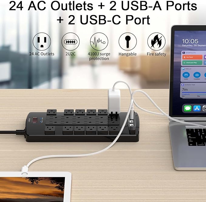 QINLIANF Surge Protector Power Strip - 6Ft Flat Plug Heavy Duty Extension Cord - Image 2