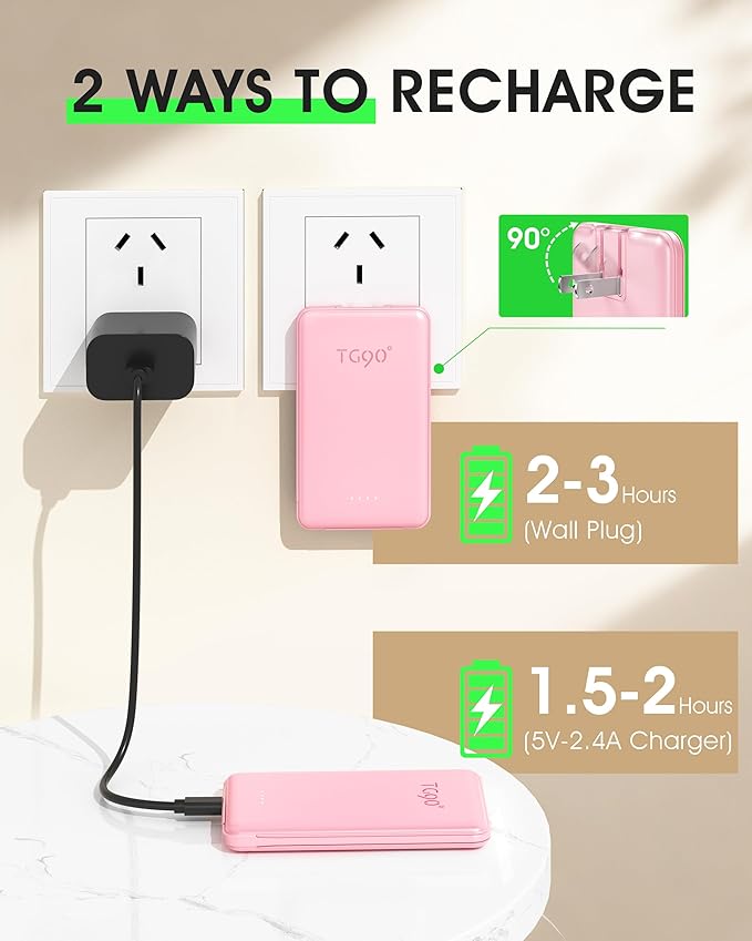 TG90° 5000mAh Portable Charger Built-in AC Wall Plug and Cables, Slim Fast - Image 3
