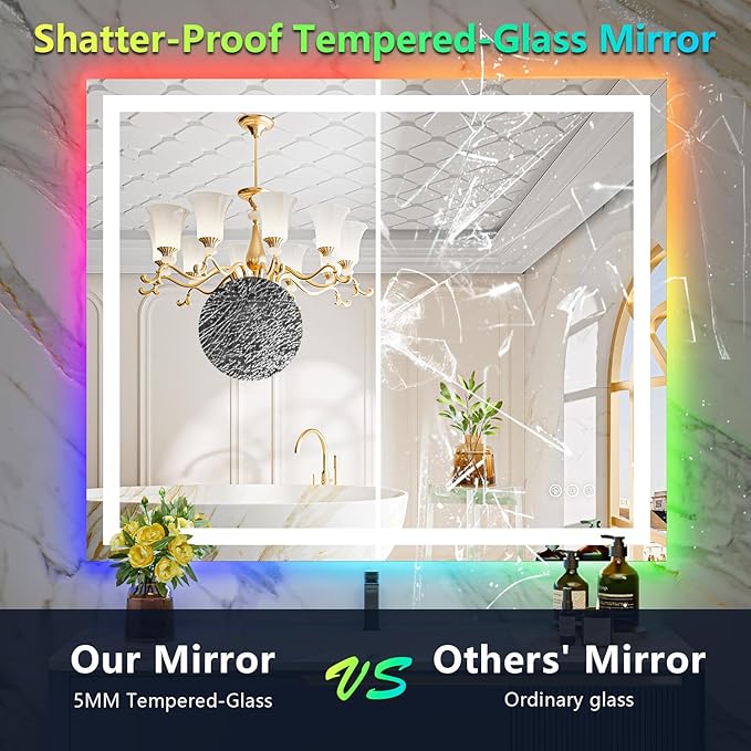 YEELAIT 44x36 Inch RGB LED Bathroom Mirror Front Lit and RGB Backlit Lighted - Image 6