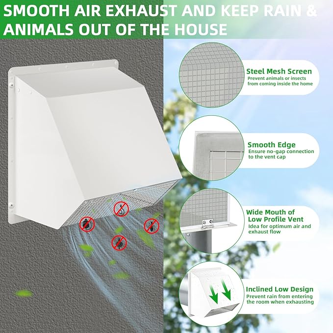 6 Inch Hooded Wall Vent with Screen and Damper, Wall Exhaust Vent Cover Cap - Image 3