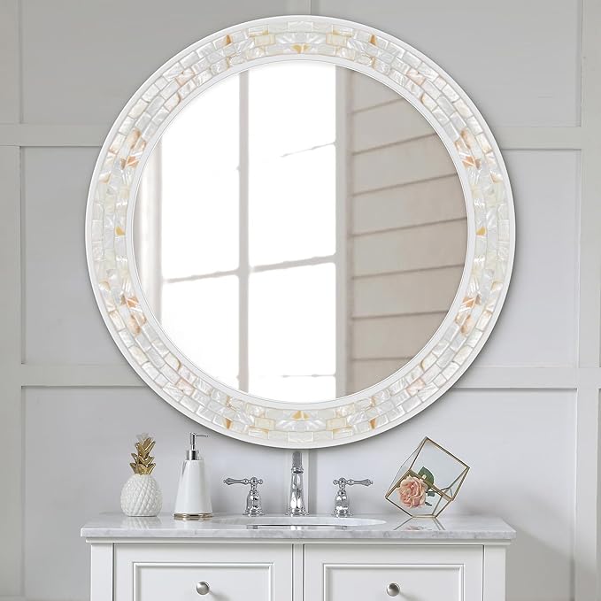 Tanmicoshomy 36 Inch Large Round Mirror, Natural Shell Inlay Framed Large - Image 5