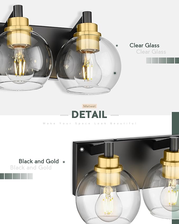 METWET Bathroom Light Fixtures, 6-Light Black and Gold Bathroom Vanity Light - Image 4