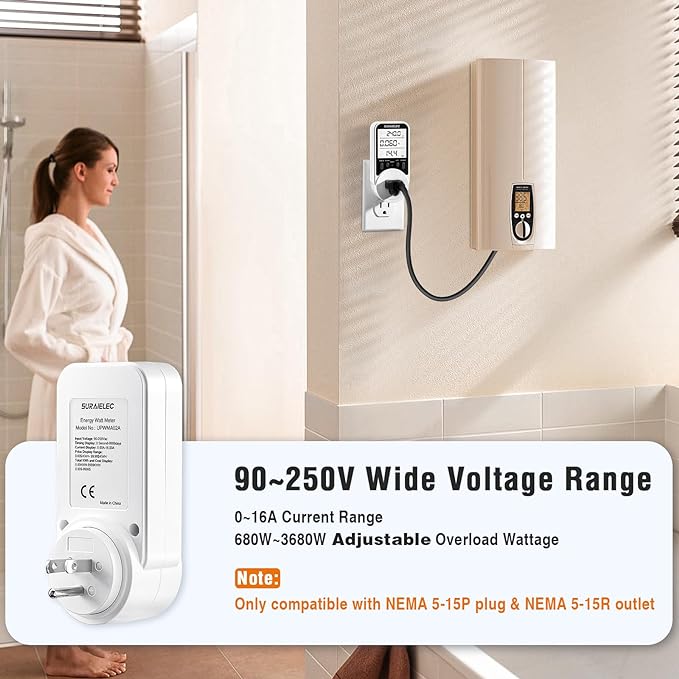 Suraielec Watt Meter, Plug-in Socket Power Meter, 90V-250V Wide Range, Backlit - Image 4
