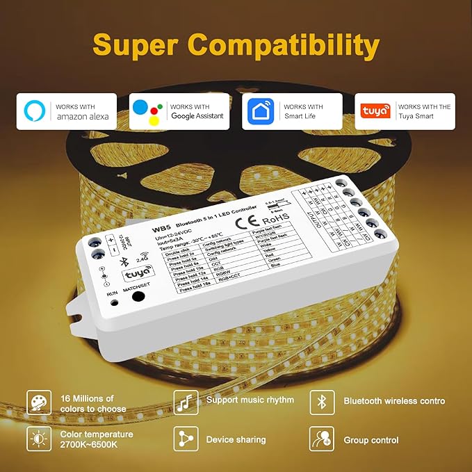 icever 5in1 WB5 LED Controller Bluetooth Control 2.4GHz Dimmable CCT RGB RGBW - Image 4