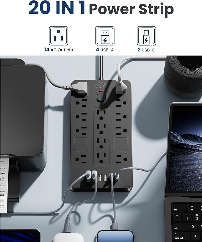 JouleLoom Surge Protector Power Strip-14 Outlets and 6 USB Ports, 6 Feet Flat - Image 2