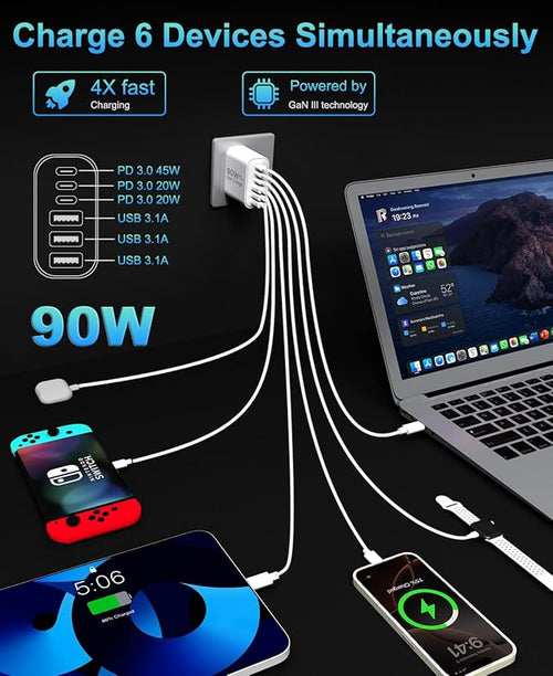 90W GaN USB C Charger Block, 6-Port USB C Wall Charger Fast Charging 45W PD - Image 2
