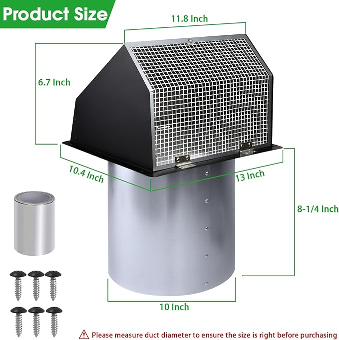 10 Inch Hooded Wall Vent with Screen and Damper, Outdoor Wall Exhaust Vent - Image 2