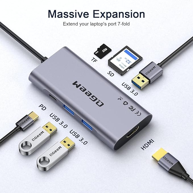 USB C Hub, QGeeM USB 4k to HDMI Adapter, 7 in 1 USB-C Dongle - Image 3