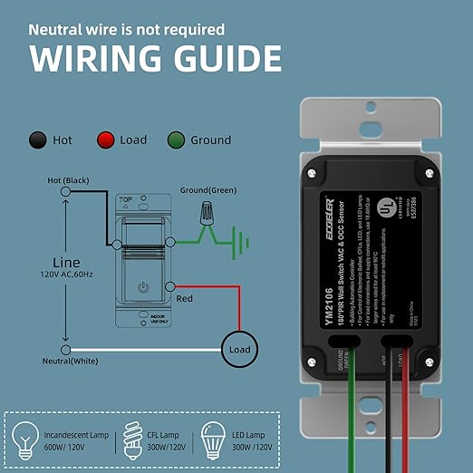 ECOELER Motion Sensor Light Switch, No Neutral Wire, PIR Infrared Motion - Image 6