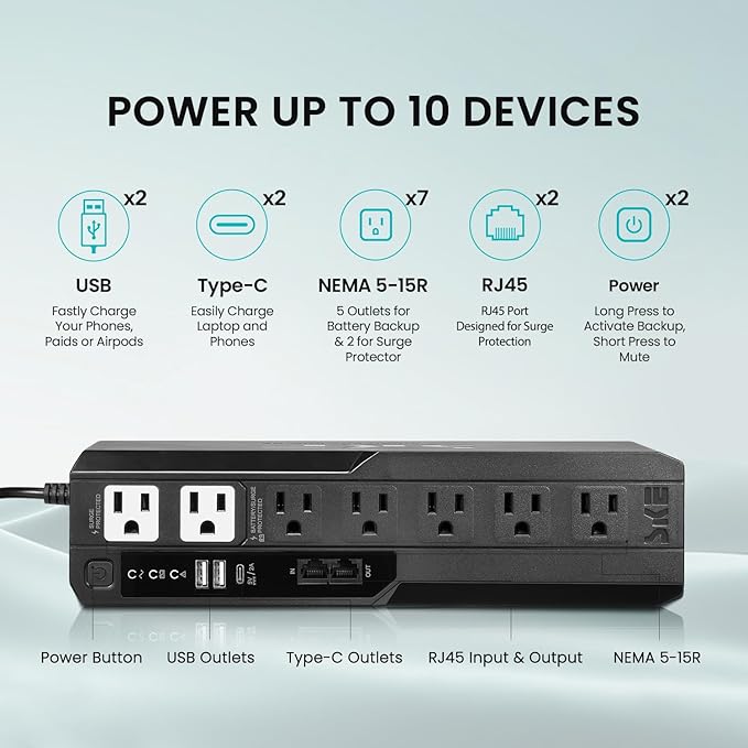 SKE Compact Size 625VA/360W UPS Battery Backup & Surge Protector - Image 2
