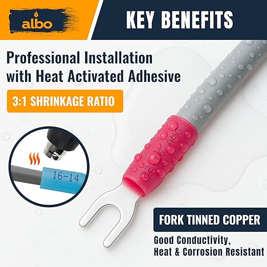 150PCS Red Heat Shrink Fork Spade Connectors #10 – 22-16 AWG Tinned Copper - Image 4