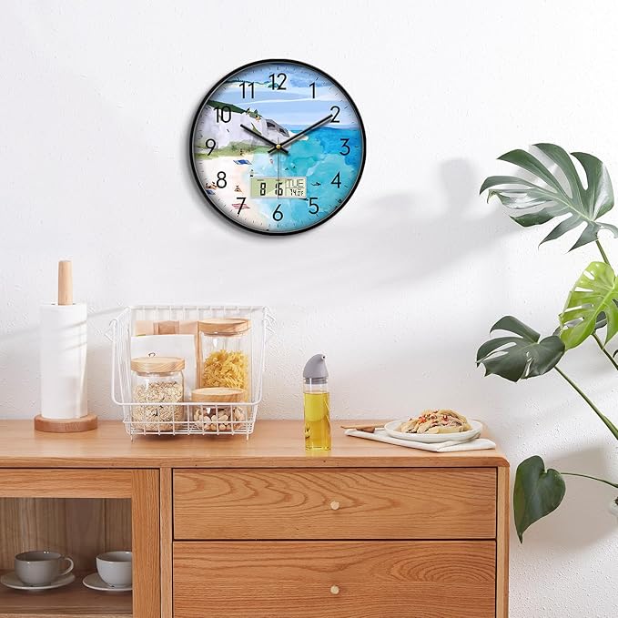 SCOAGE Silent Wall Clock with Temperature Day and Date Blue Mountain and Sea - Image 4