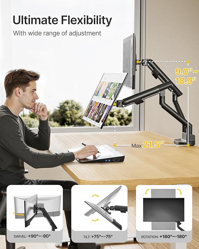 monTEK Dual Monitor Stand for 2 Screens 17 to 35 Inch, Heavy Duty Monitor Mount - Image 3