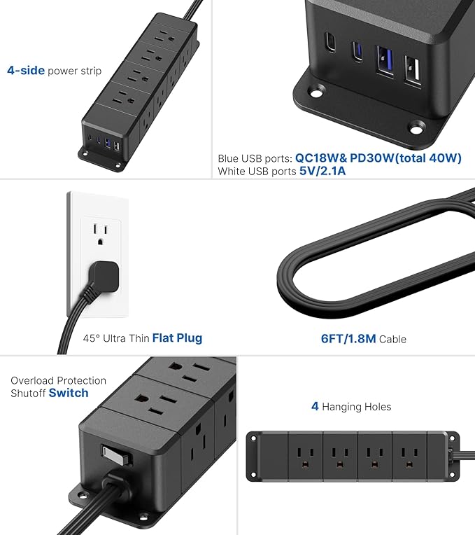 30W USB C Power Strip Surge Protector, Ultra Thin Flat Plug Power Strip 4 Side - Image 8
