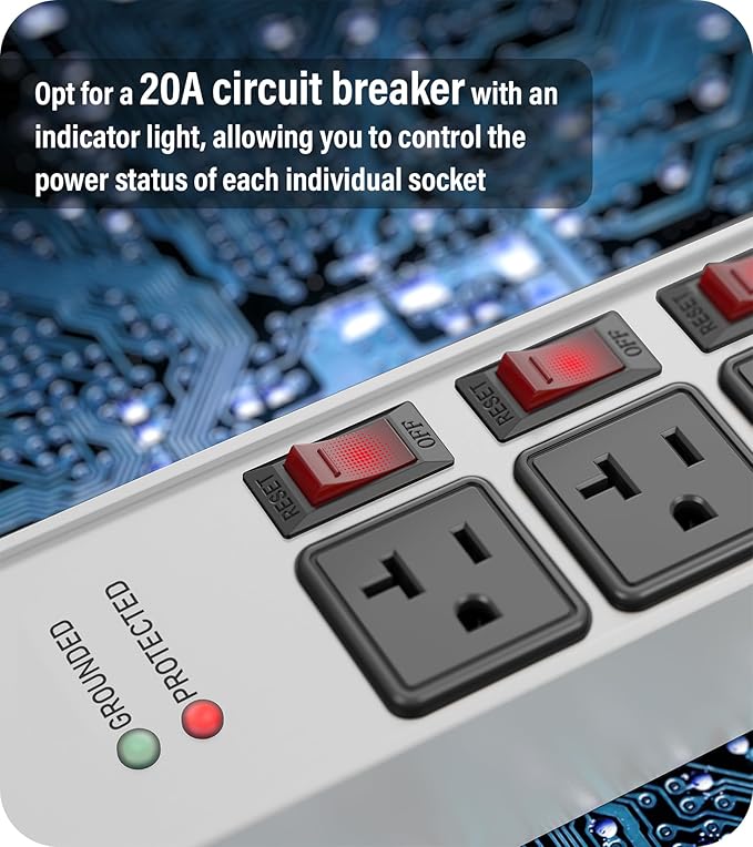 CCCEI Heavy Duty Surge Protector Power Strip 20 Amp Individual Switches. 25FT - Image 4
