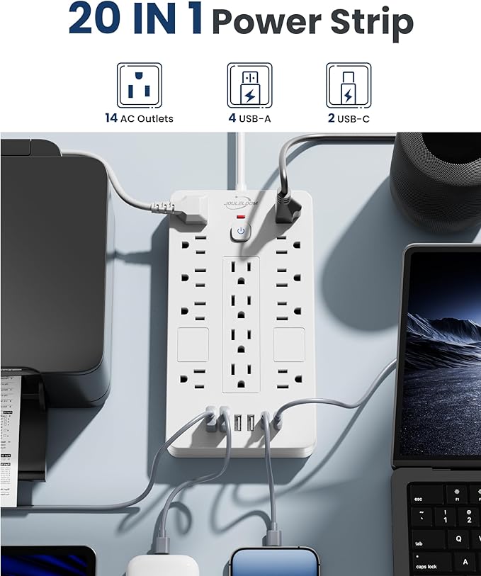 JouleLoom Surge Protector Power Strip-14 Outlets and 6 USB Ports, 10 Feet Flat - Image 2