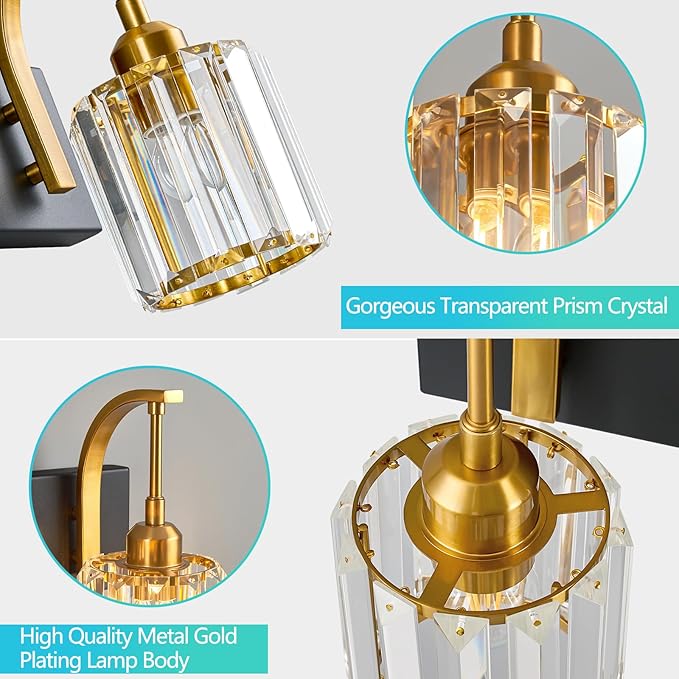FDPBY 5-Light Crystal Vanity Light, Modern Black Gold Bathroom Wall Sconce - Image 5