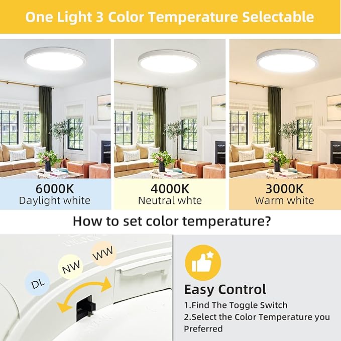 RLEDPZTX 4PK 12 Inch LED Flush Mount Ceiling Light, 3000K/4000K/6000K CCT - Image 2