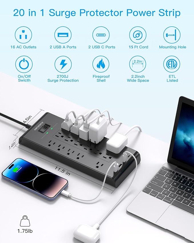 Surge Protector Power Strip, HANYCONY 5 Ft Flat Plug Heavy Duty Extension Cord - Image 2