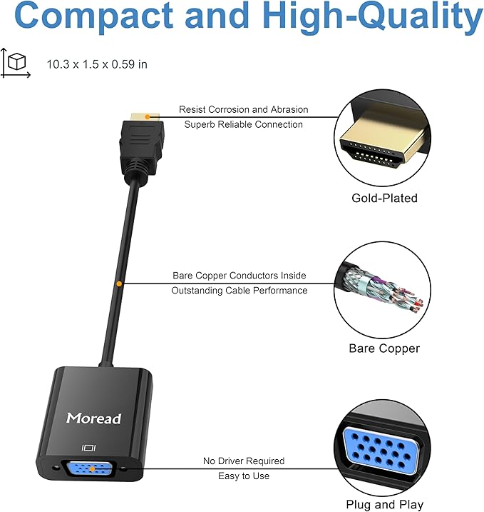 Moread HDMI to VGA, 2 Pack, Uni-Directional Gold-Plated HDMI to VGA Adapter - Image 5