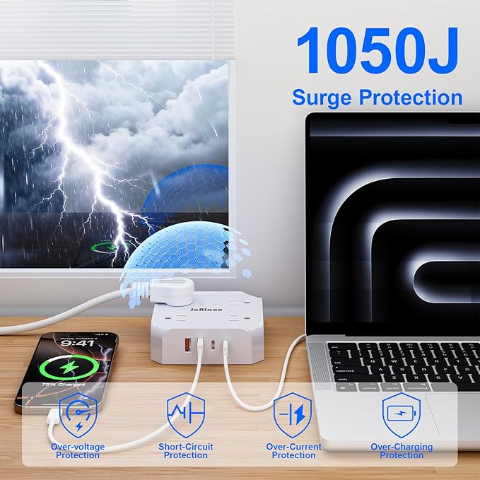 Multiple Outlets Surge Protector Power Strip, 15ft Braided Long Extension Cord - Image 6