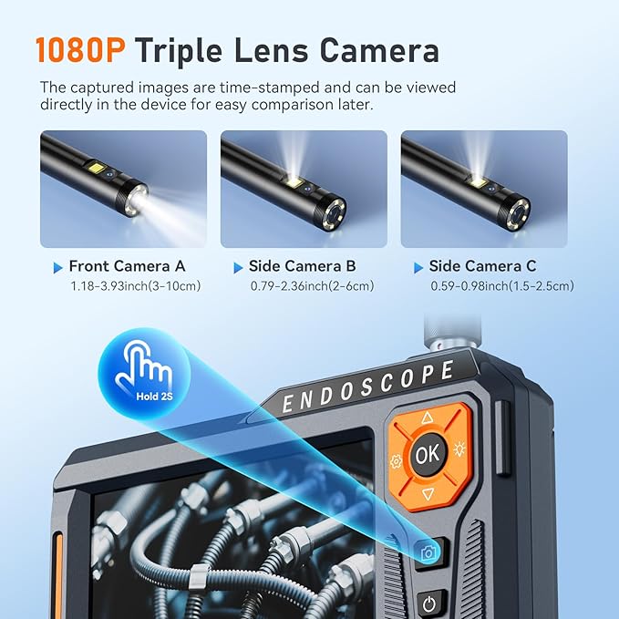 Triple Lens 5" IPS Borescope Inspection Camera, Ginocaco 1080P Digital Video - Image 4