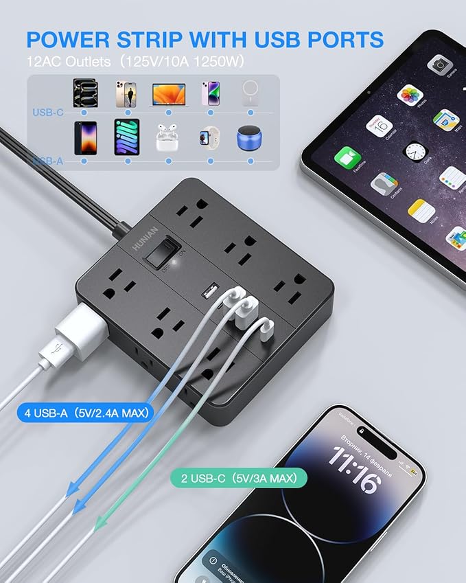 Surge Protector Power Strip 15 Ft Cord, HUNIAN Flat Plug Extension Cord - Image 4