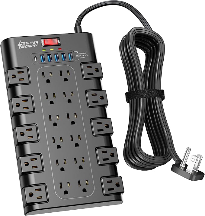 Flat Plug Power Strip 10Ft, SUPERDANNY Surge Protector by SUPERDANNY