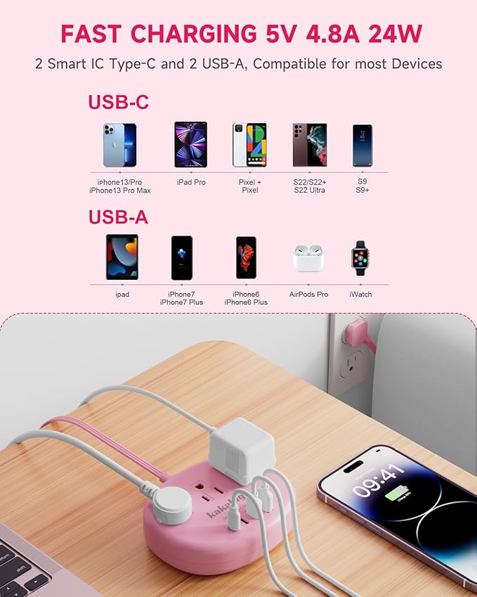 Pink Extension Cord with Surge Protected 1080J - 5 FT Kawaii Power Strip - Image 3