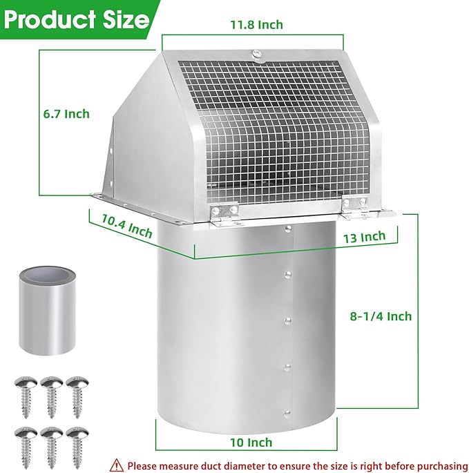 10 Inch Hooded Wall Vent with Screen and Damper, Exterior Wall Exhaust Vent - Image 2