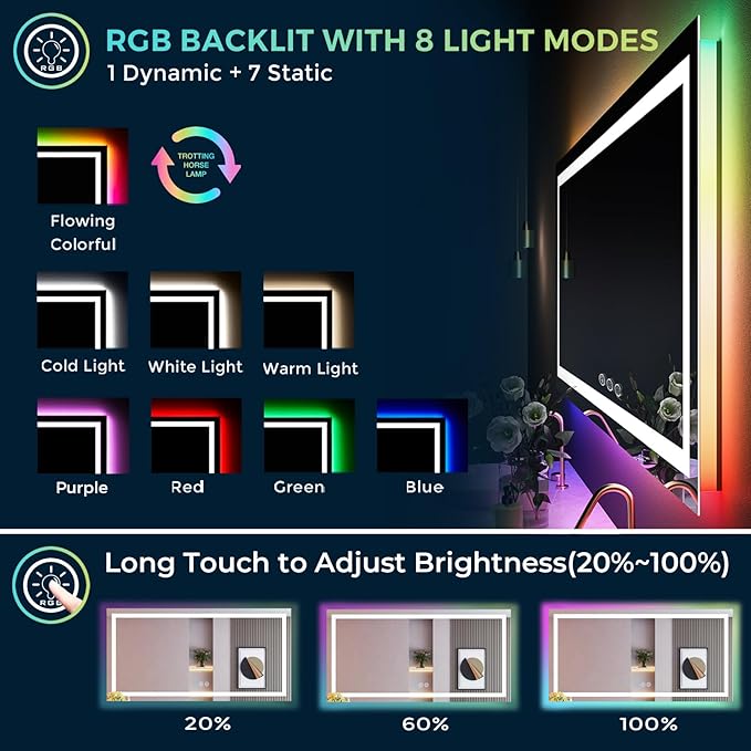 YEELAIT 72x36 Inch RGB LED Bathroom Mirror Front Light and RGB Backlit Lighted - Image 3