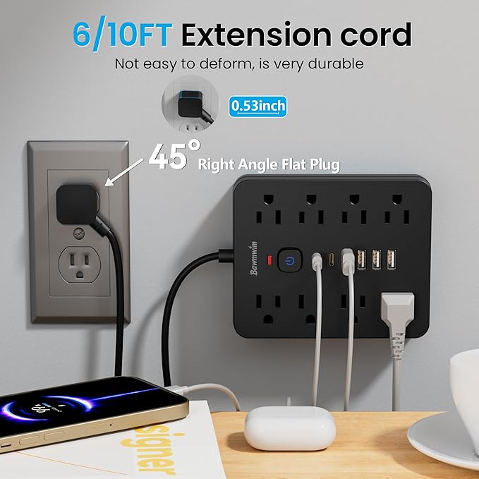 Bawmwim Surge Protector Power Strip, 8 Outlets, 6 USB Charging Ports, 10FT Flat - Image 5